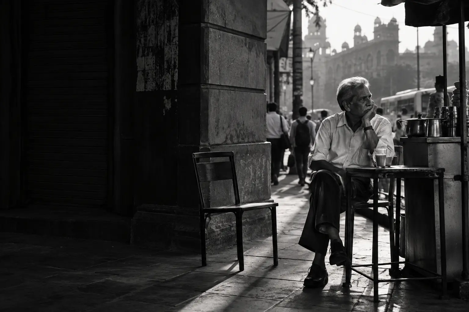 Fictional black-and-white photograph of an older person beside an empty chair at a pavement tea stall, with passing crowds behind.